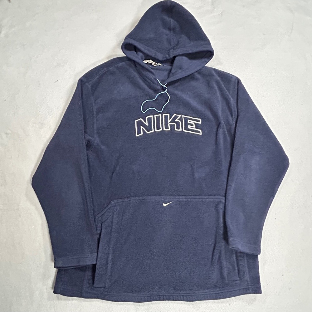 Vintage Nike Fleece Hoodie Navy Blue Arched Spellout Swoosh Mens XXL Pullover